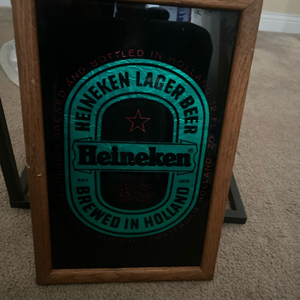 Vintage Heineken green foil beer sign. 11.5"×17.5"